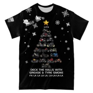 deck the halls with grease and tyre smoke christmas motorcycle full printed t-shirt