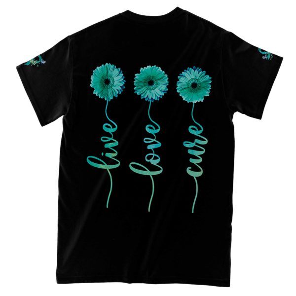 live love cure ovarian cancer awareness all over t-shirt, blue daisy shirt
