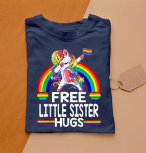 free little sister hugs unicorn lgbt pride rainbow t-shirt