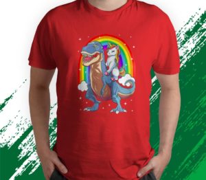 unicorn riding t rex dinosaur rainbow t-shirt