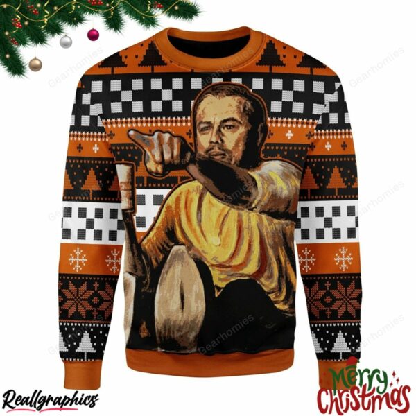 merry christmas leo pointing meme christmas ugly sweatshirt sweater 1 gwmwlf