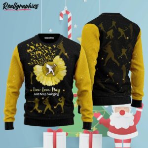 softball sunflower yellow black ugly christmas sweater iqbing