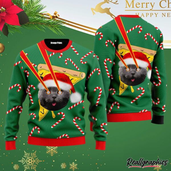 pizza cat with laser eyes ugly special holiday christmas sweater bboplr