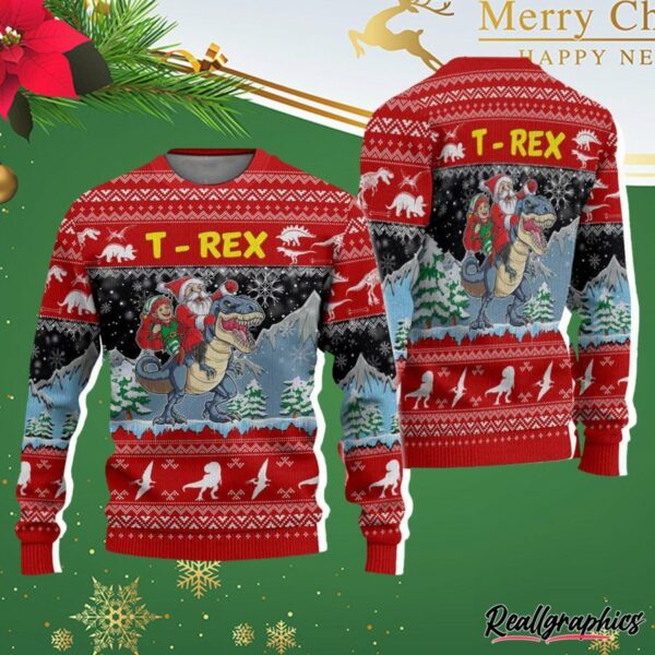 santa riding t rex ugly christmas sweater nszaid