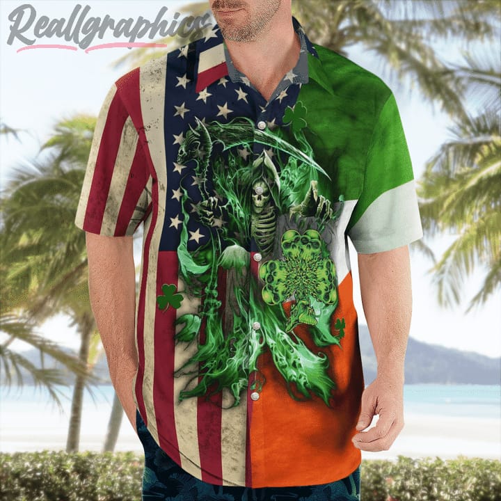 irish grim reaper irish flag and american flag hawaii shirt