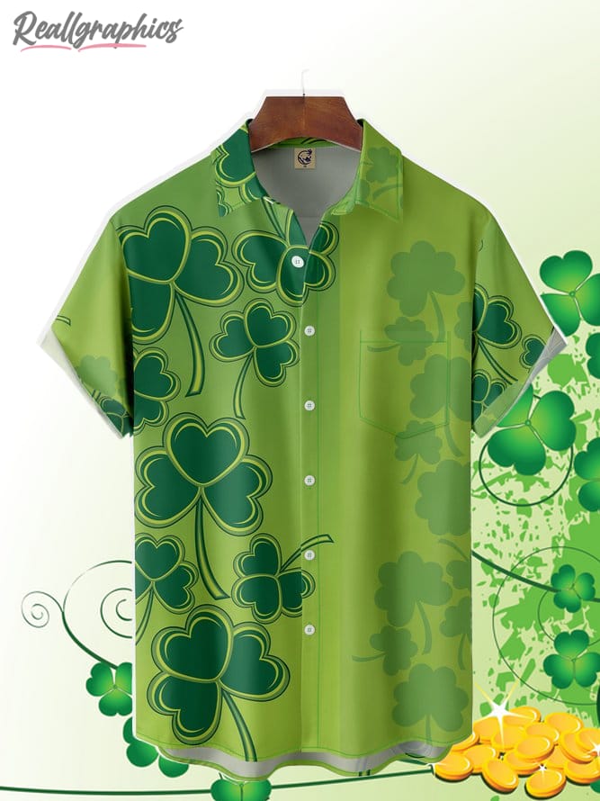 St. Patrick's Day Shamrock Pattern Chest Pocket Short Sleeve Shirt ...