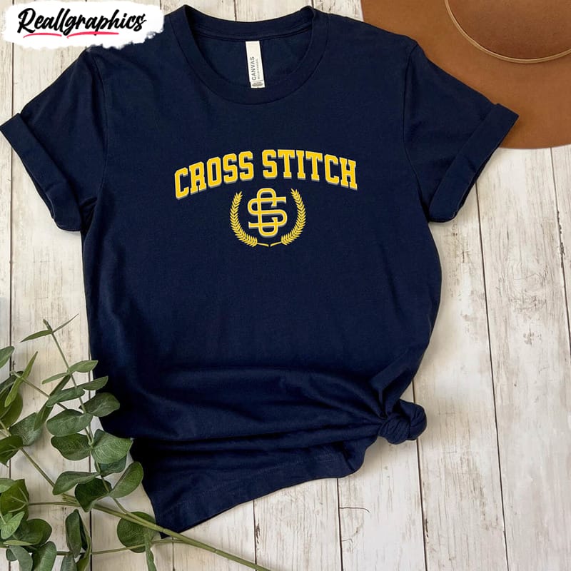 varsity cross stitch shirt, trendy unisex t-shirt tee tops