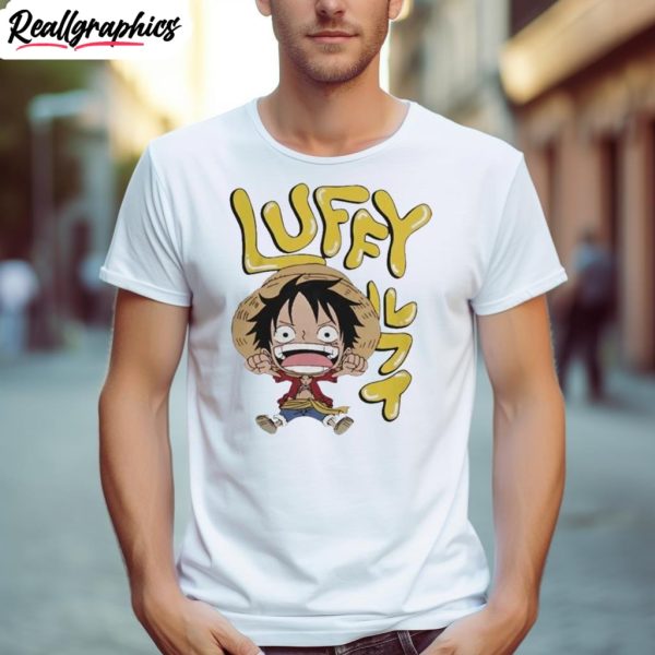 chibi luffy with bubble name and kanji t shirt