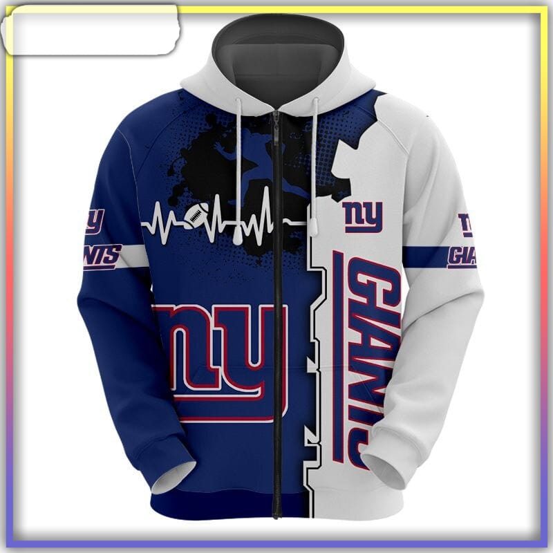 New York Giants Hoodie Graphic Heart Ecg Line - Reallgraphics