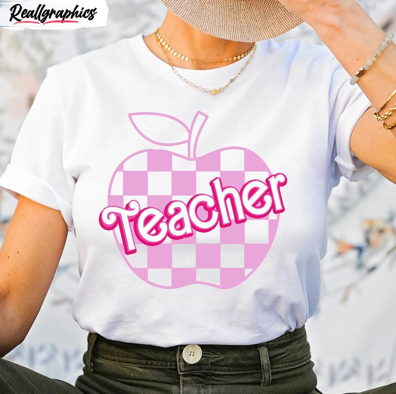 pink teacher shirt, kindergarten barbie teacher short sleeve sweatshirt