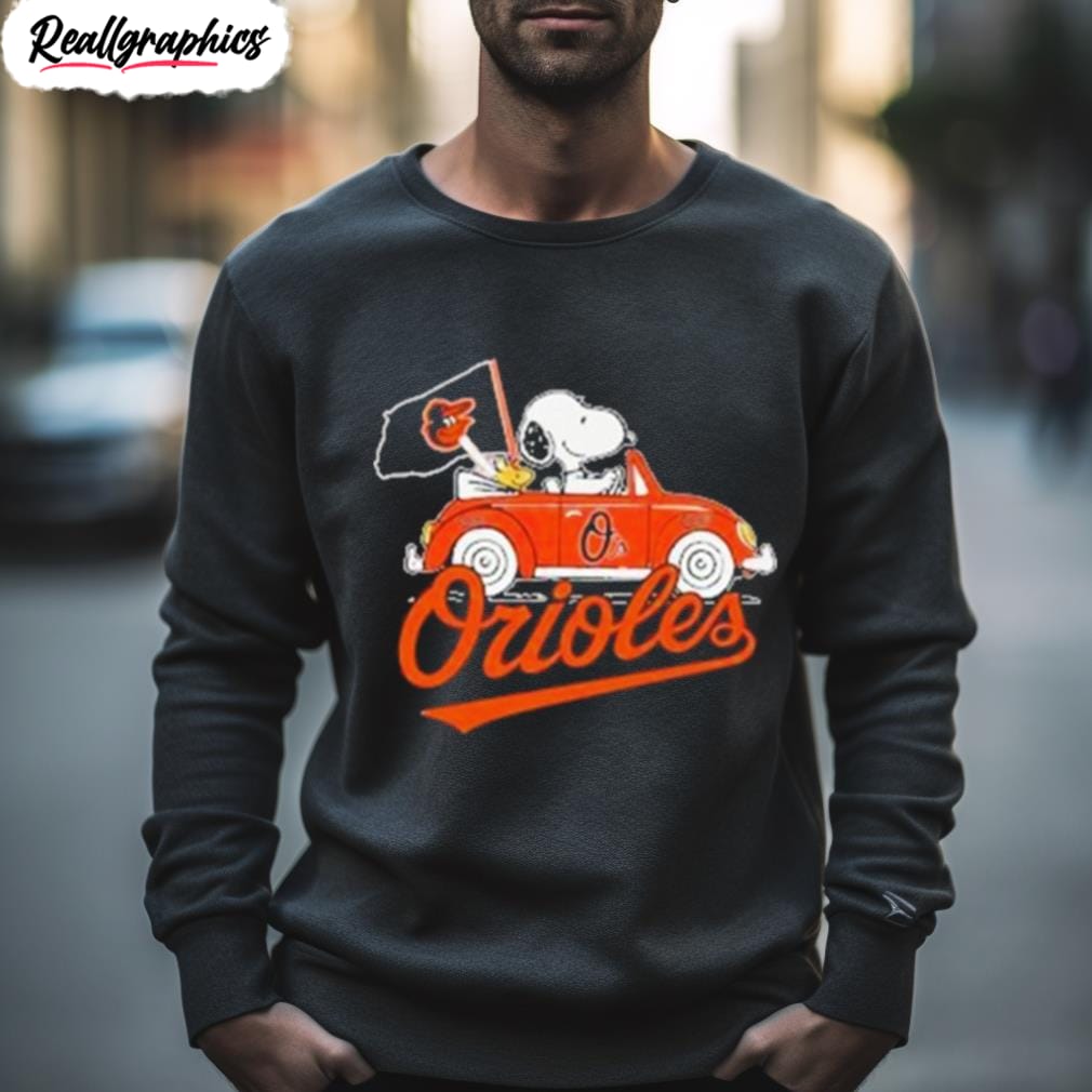 Snoopy Drives Car With Baltimore Orioles Flag Shirt