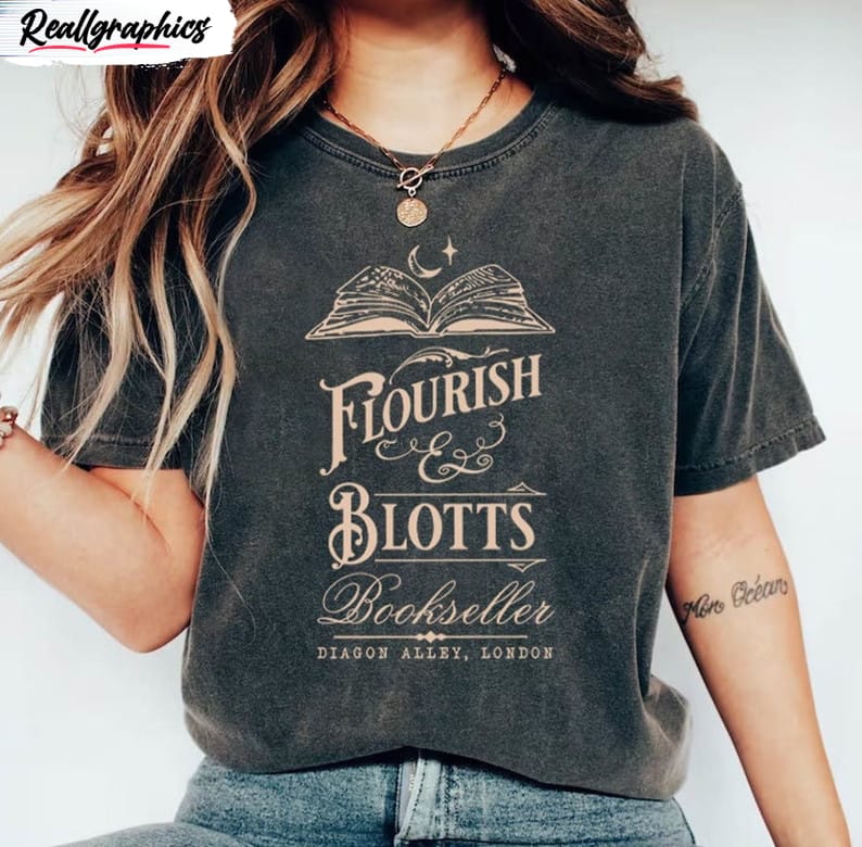 vintage wizard book shop shirt, flourish and blotts unisex hoodie long sleeve