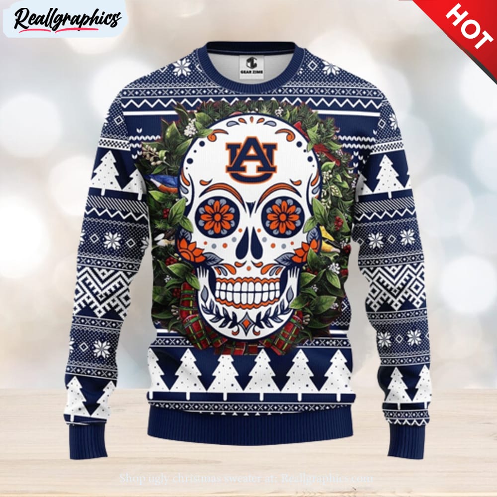 Auburn Tigers Skull Flower Ugly Christmas Ugly Sweater - Reallgraphics