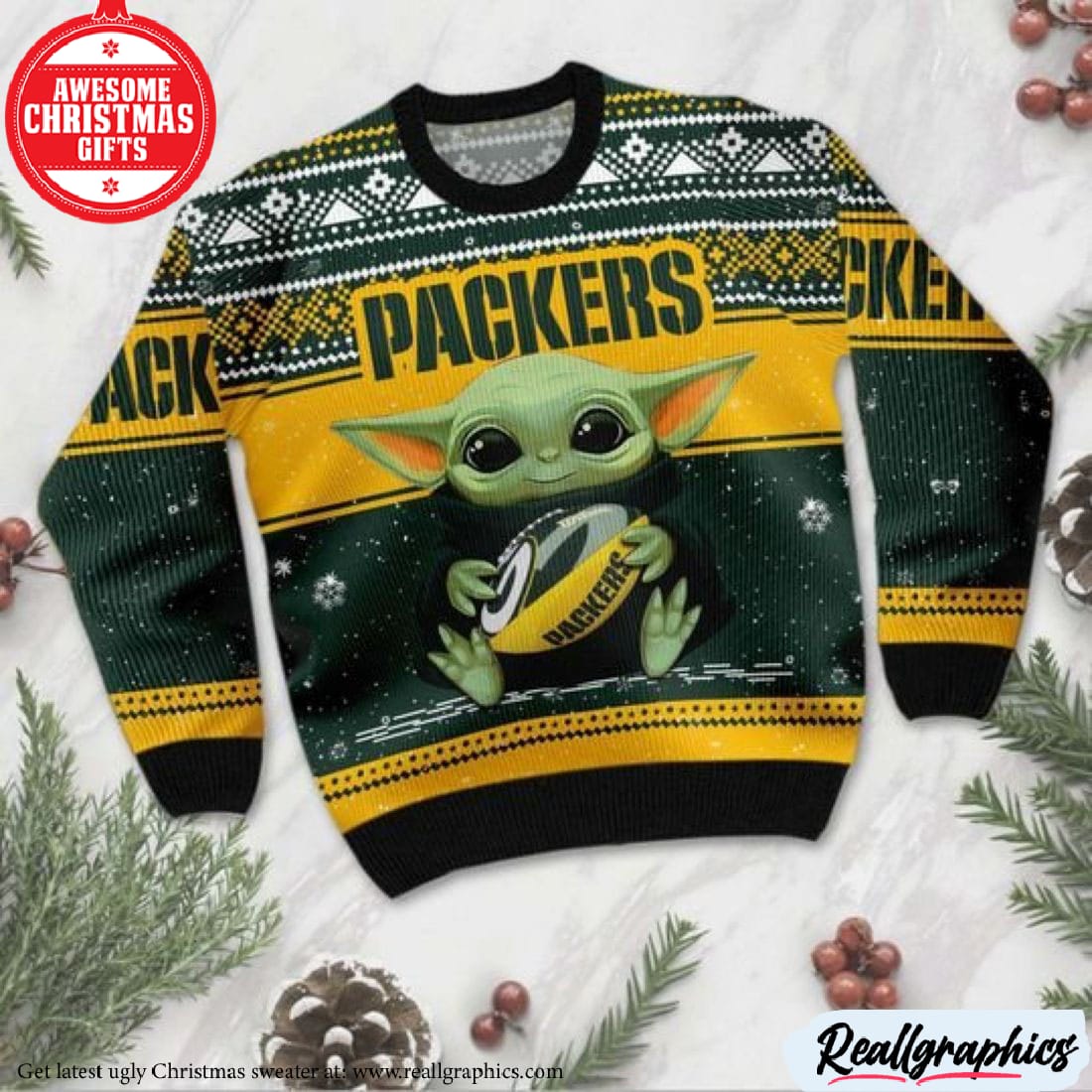 Baby Yoda Green Bay Packers Ugly Christmas Sweater - Reallgraphics