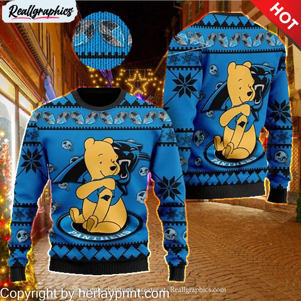 Carolina Panthers NFL American Football Team Logo Cute Winnie The Pooh Bear  3D Ugly Christmas Sweater - Reallgraphics