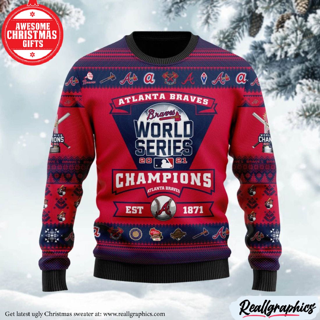 Custom Atlanta Braves 2021 World Series Trophy Ugly Christmas Sweater -  Reallgraphics