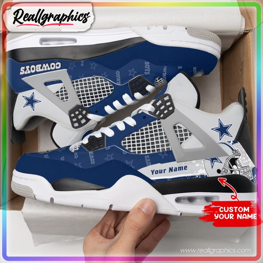 Dallas Cowboys Ink Splash NFL Custom Air Jordan 4 Sneaker - Reallgraphics