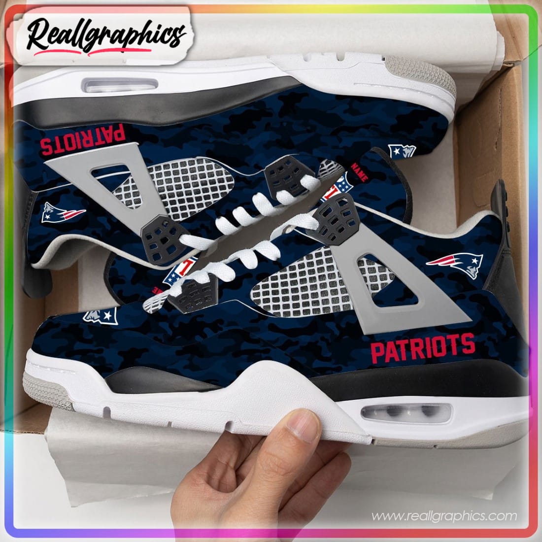 New England Patriots Camouflage Custom Air Jordan 4 Sneaker - Reallgraphics
