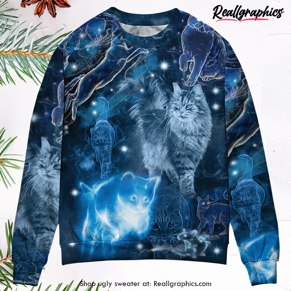 Cat Love Blue Neon Stunning Ugly Christmas Sweater - Reallgraphics