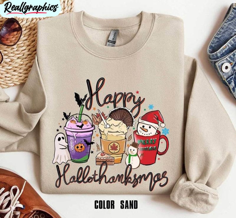 christmas coffee shirt, happy hallothanksmas long sleeve unisex t shirt