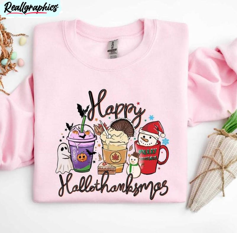 christmas coffee shirt, happy hallothanksmas long sleeve unisex t shirt