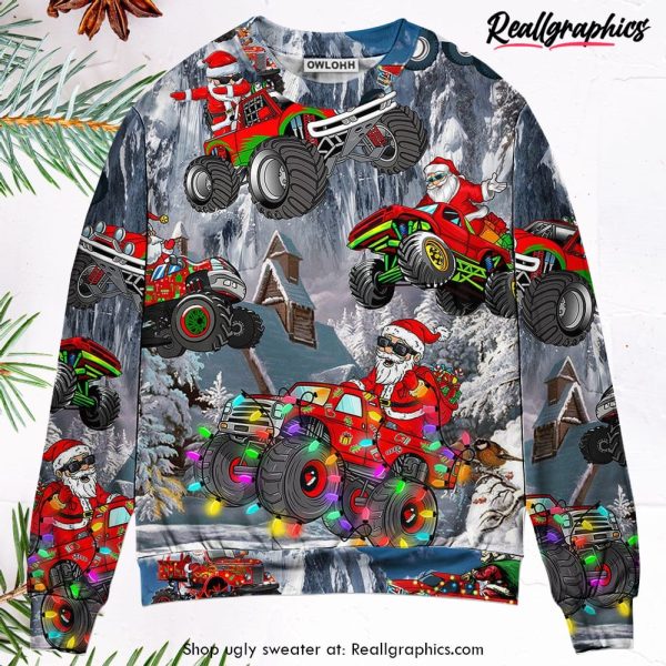 christmas-funny-santa-claus-riding-red-truck-snow-mountain-ugly-christmas-sweater-1
