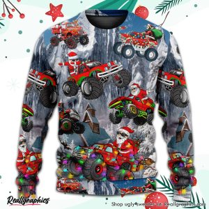 christmas-funny-santa-claus-riding-red-truck-snow-mountain-ugly-christmas-sweater-3