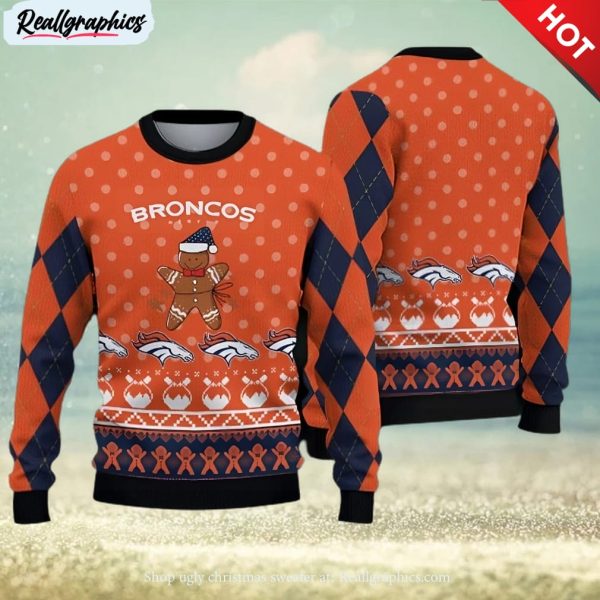 denver broncos christmas gingerbread man ugly sweater for men women