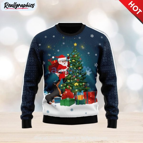 dog biting a santa claus in the night ugly christmas sweater
