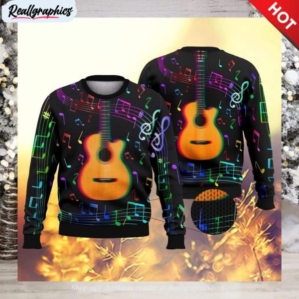 guitar colorful music symbols ugly christmas sweater