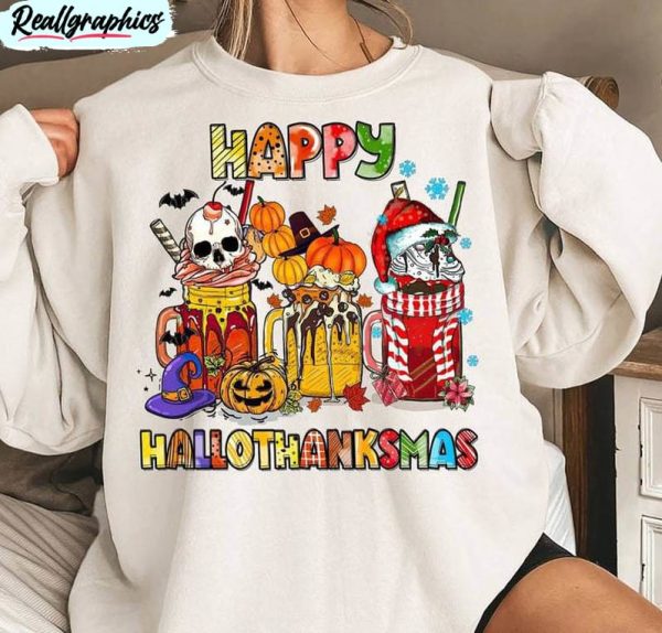 happy hallothanksmas shirt, halloween holiday season tee tops crewneck