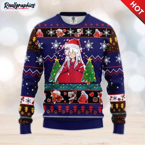 inuyasha anime ugly christmas sweater blue amazing gift men and women christmas gift