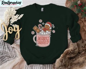 merry and bright shirt, gingerbread man candy cane unisex hoodie long sleeve