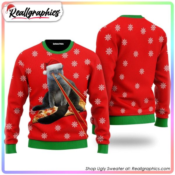 pizza cat with laser eyes merry christmas ugly christmas sweater, christmas gifts