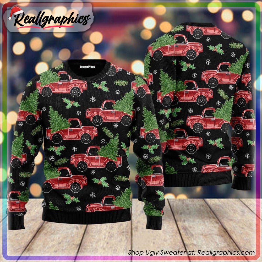 red truck and pine trees pattern ugly christmas sweater, xmas gift ideas