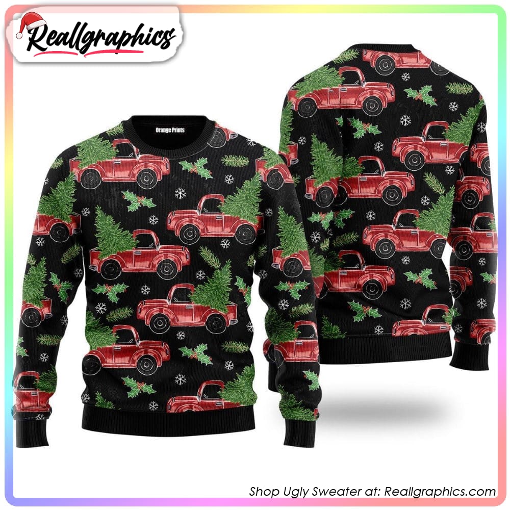 red truck and pine trees pattern ugly christmas sweater, xmas gift ideas