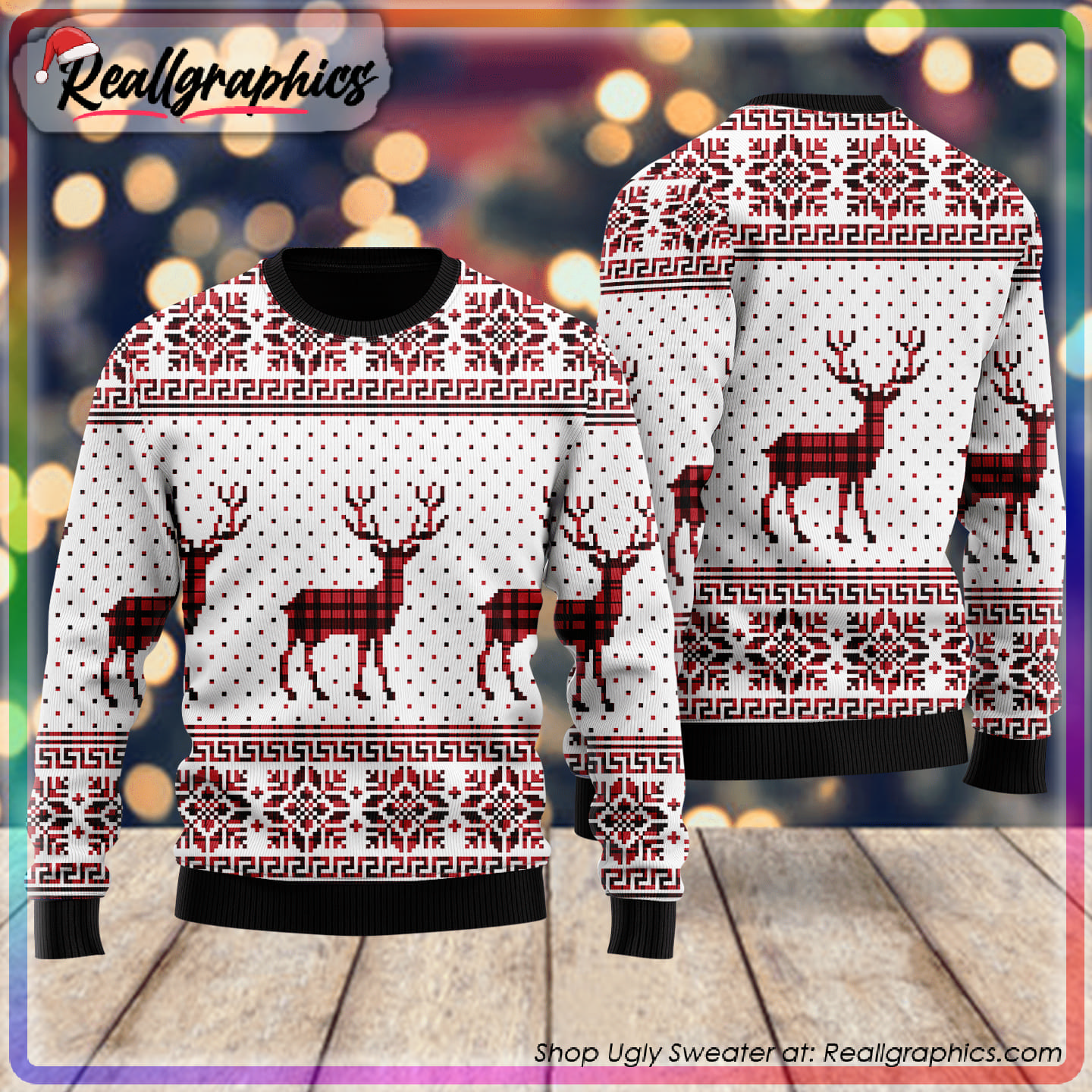 reindeer buffalo plaid pattern ugly christmas sweater, christmas gifts