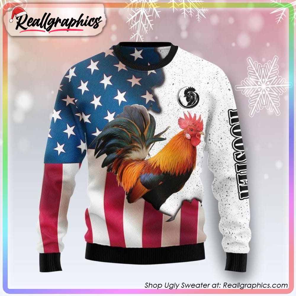 rooster ugly holiday sweater, christmas gifts 2023