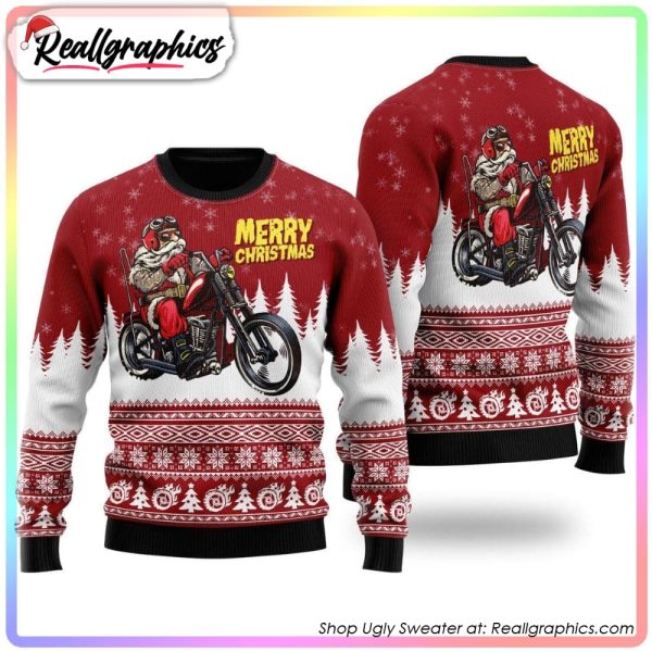 santa riding motorbike to holiday ugly holiday sweater, christmas gift ideas