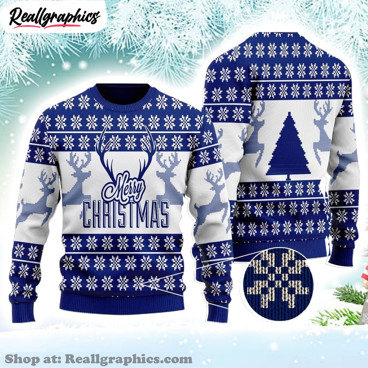 reindeer merry christmas blue & white ugly christmas sweater, sweatshirt