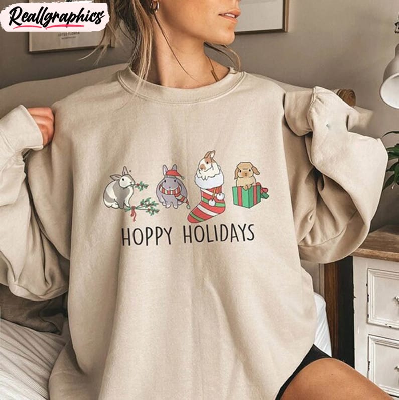 christmas bunnies sweatshirt, hoppy holidays bunny long sleeve unisex t shirt