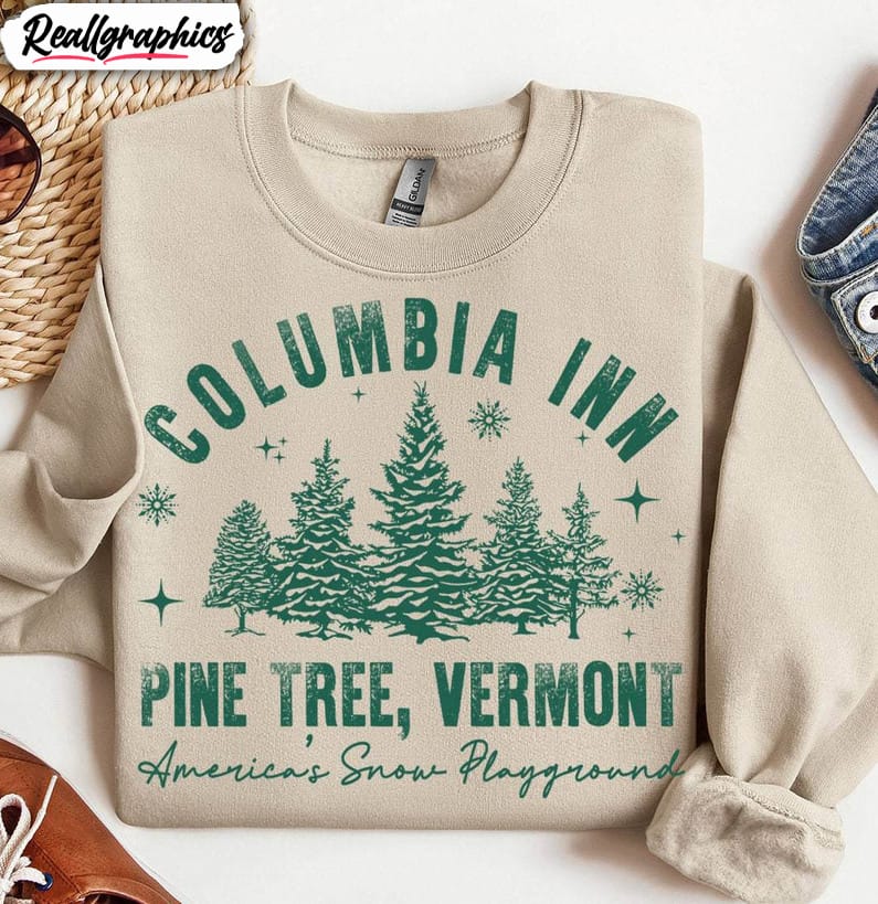 columbia inn pine tree vermont shirt, snow playground tee tops short sleeve