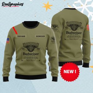 Personalized Budweiser Flag Military Green Ugly Christmas Sweater