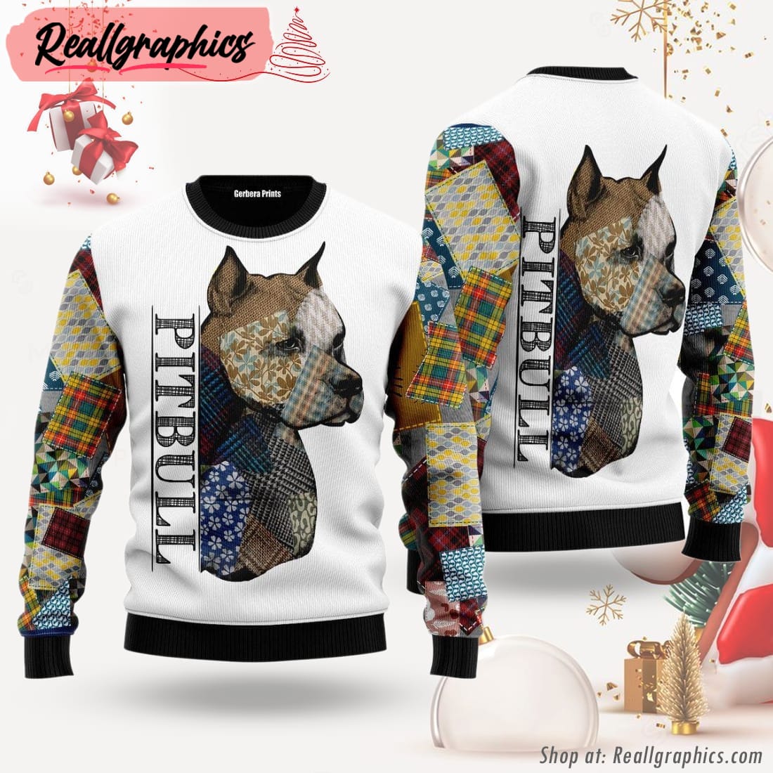 pitbull patchwork seamless ugly christmas sweater for men & women