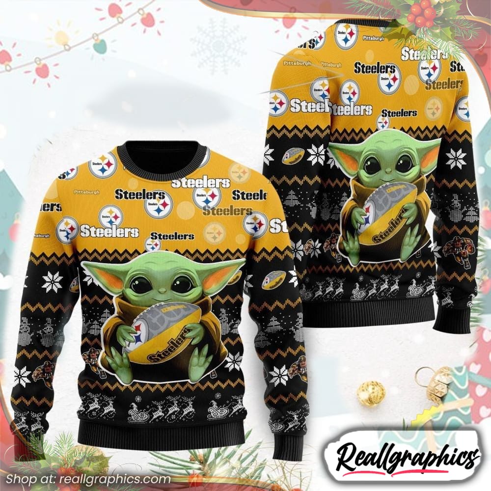 pittsburgh steelers with baby yoda design printed ugly christmas sweatshirt