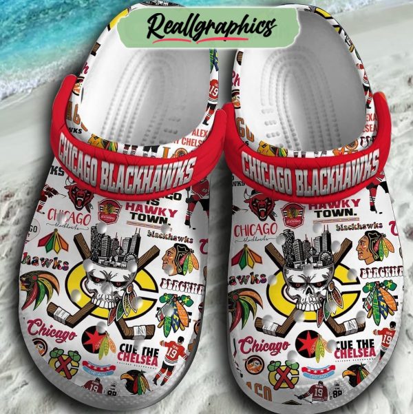 chicago blackhawks cue the chelsea 3d printed classic crocs, blackhawks merch