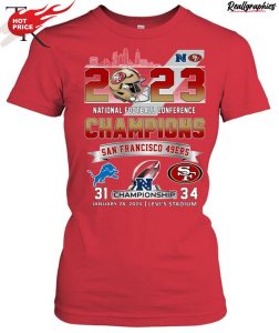 2023 national football conference champions san francisco 49ers 34 - 31 detroit lions january 28, 2024 levi's stadium unisex shirt