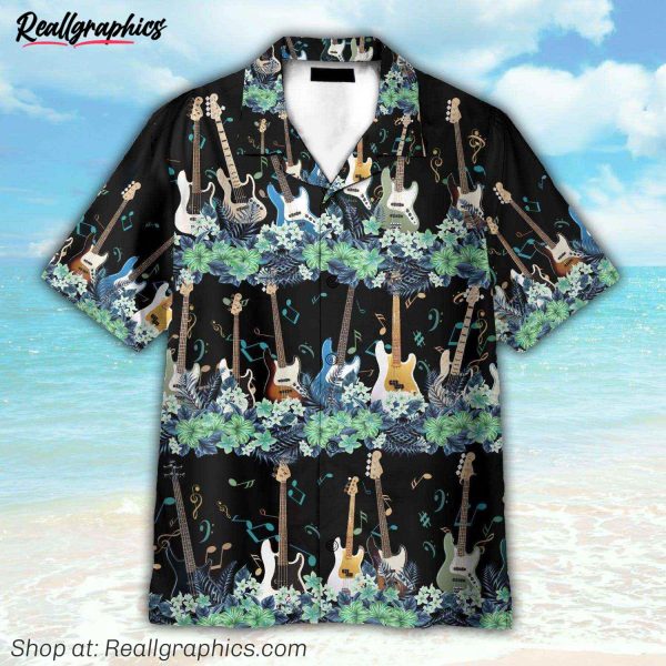 bass guitar tropical flower strip pattern hawaiian shirt