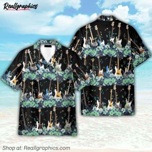 bass guitar tropical flower strip pattern hawaiian shirt