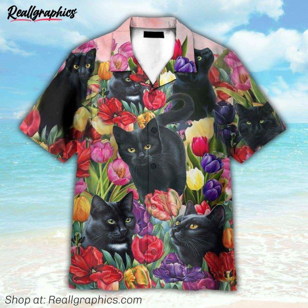 black cat dream and tulip garden hawaiian shirt